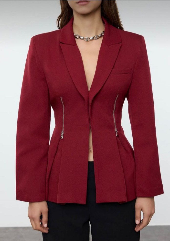 Bordo Düğmeli Kadın Blazer Ceket - Görsel 2