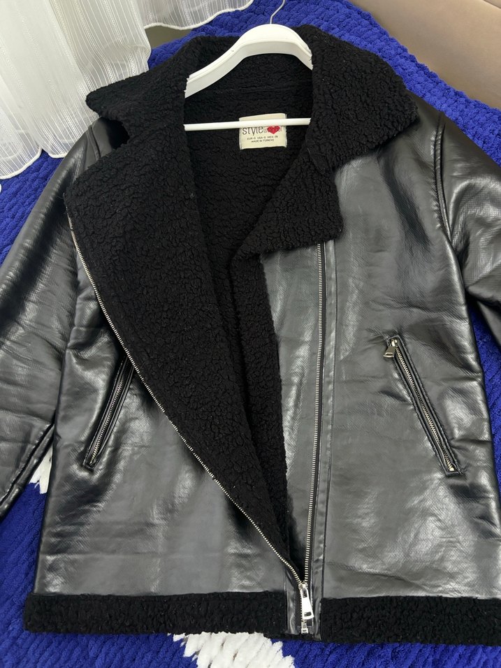 Siyah Deri Fermuarlı Biker Ceket - Görsel 2