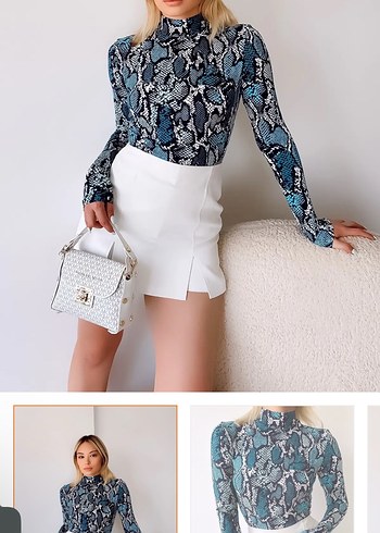 Mavi Yılan Derisi Desenli Boğazlı Bluz - Görsel 2