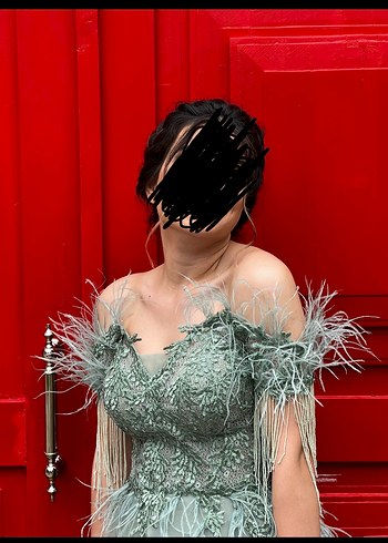 Yeşil İşlemeli Drapeli Uzun Abiye Elbise - Görsel 3