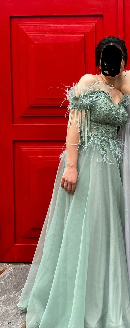 Yeşil İşlemeli Drapeli Uzun Abiye Elbise - Görsel 2