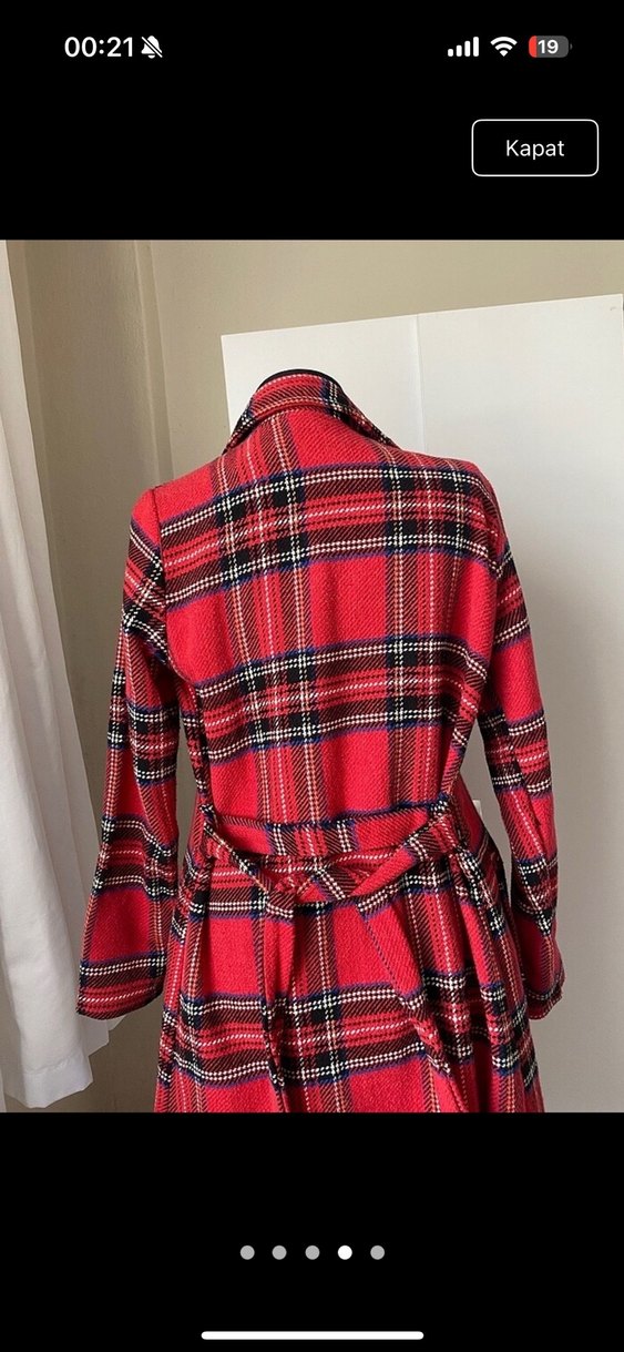 Kareli Kırmızı Uzun Kadın Kaban - Görsel 4