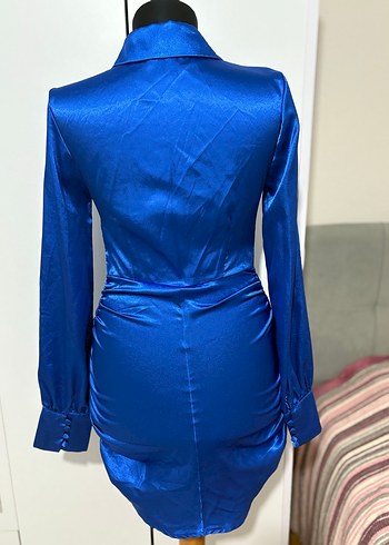 Parlak saten Mavi Uzun Kollu Midi Elbise - Görsel 6