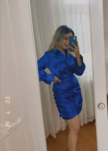 Parlak saten Mavi Uzun Kollu Midi Elbise - Görsel 7