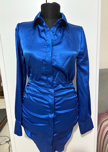 Parlak saten Mavi Uzun Kollu Midi Elbise - Görsel 2