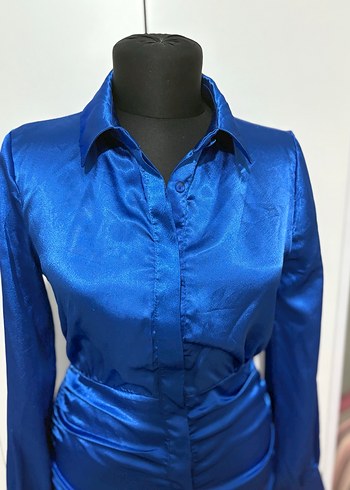 Parlak saten Mavi Uzun Kollu Midi Elbise - Görsel 5