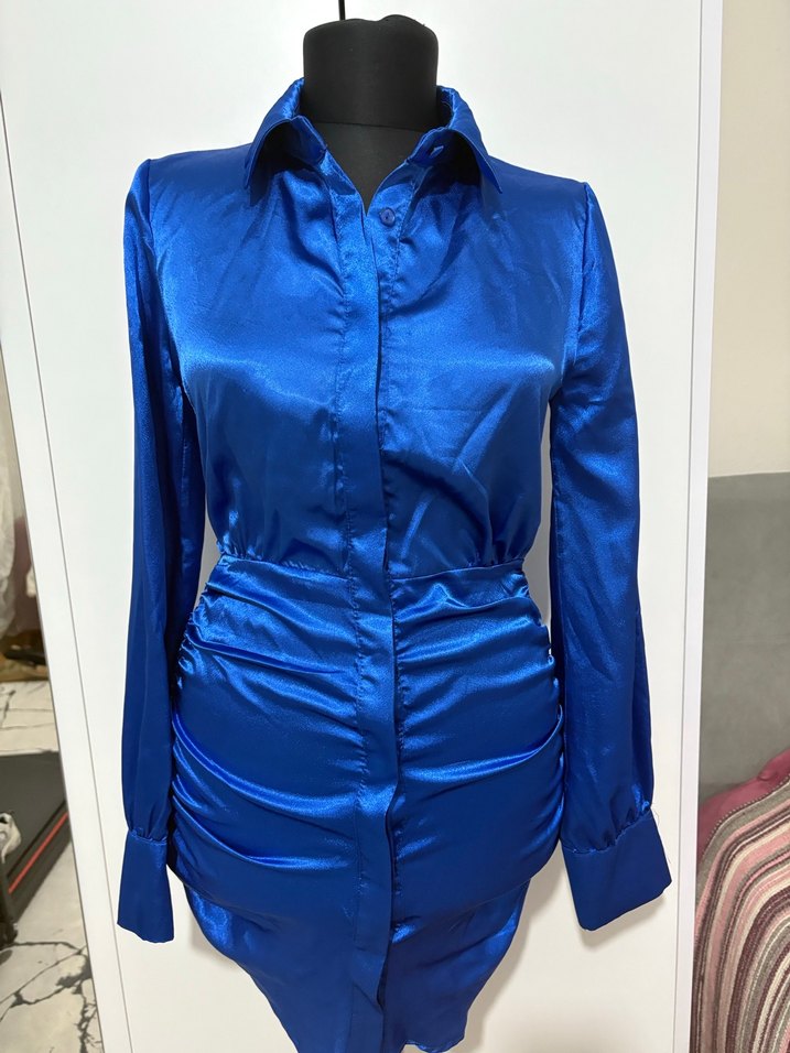 Parlak saten Mavi Uzun Kollu Midi Elbise - Görsel 2