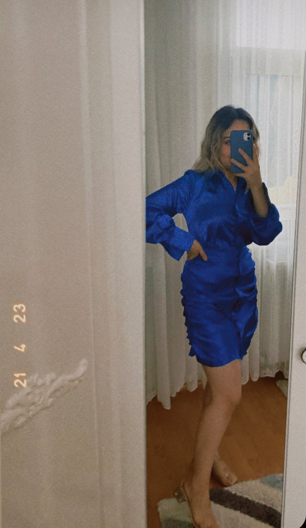 Parlak saten Mavi Uzun Kollu Midi Elbise - Görsel 3