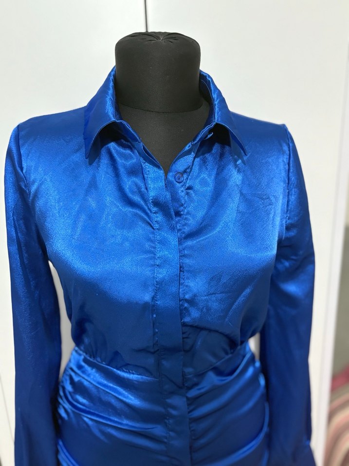 Parlak saten Mavi Uzun Kollu Midi Elbise - Görsel 5