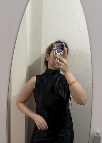 Siyah saten Uzun Kollu Yüksek Yakalı Drapeli Elbise - Görsel 4