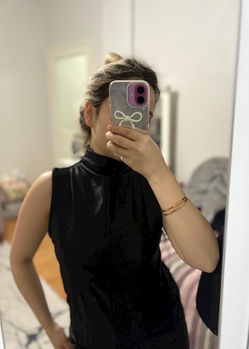 Siyah saten Uzun Kollu Yüksek Yakalı Drapeli Elbise - Görsel 3