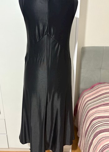 Siyah saten Uzun Kollu Yüksek Yakalı Drapeli Elbise - Görsel 9