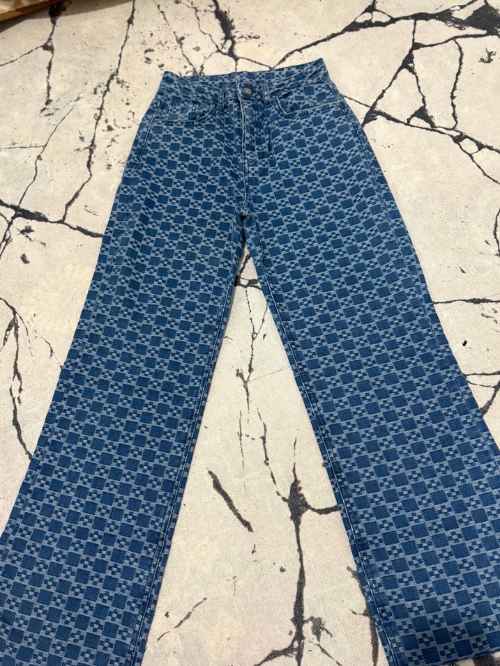 Kadın Kareli Denim Jean - Görsel 4