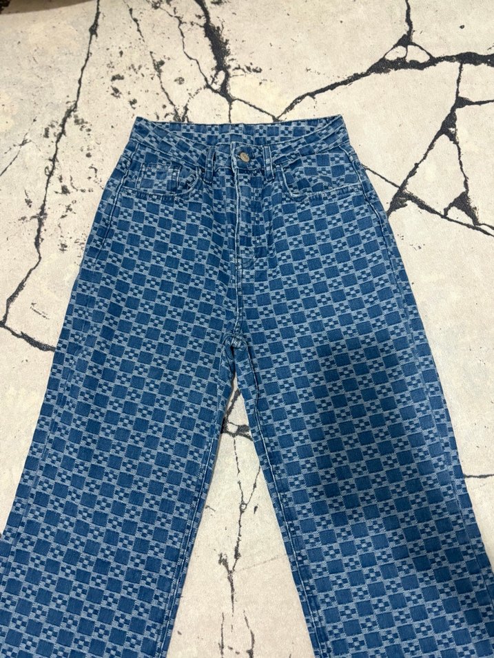 Kadın Kareli Denim Jean - Görsel 5