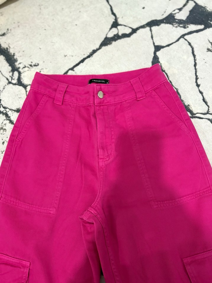 Fermuarlı Pembe Bol Paça denim Kadın Pantolon - Görsel 3