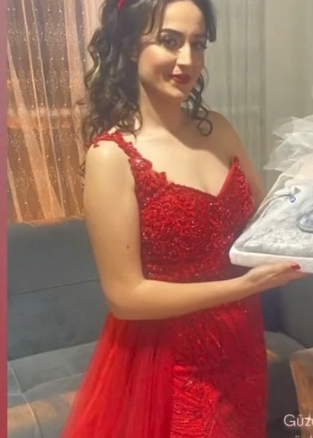 Kırmızı tek kollu balık elbise - Görsel 2