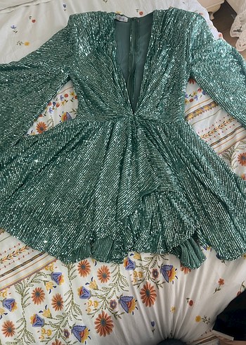 Yeşil Parlak V Yaka Mini Payetli Elbise - Görsel 2