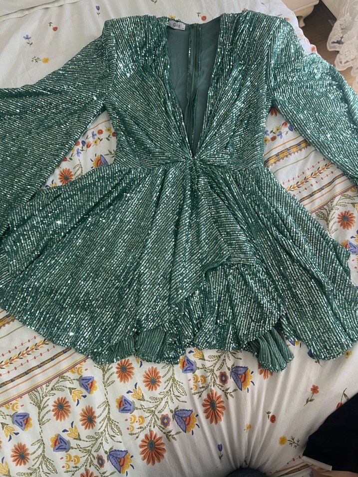 Yeşil Parlak V Yaka Mini Payetli Elbise - Görsel 2