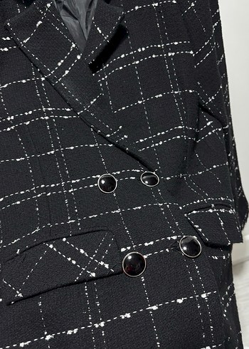 Düğmeli Siyah Ekose Midi Blazer - Görsel 3