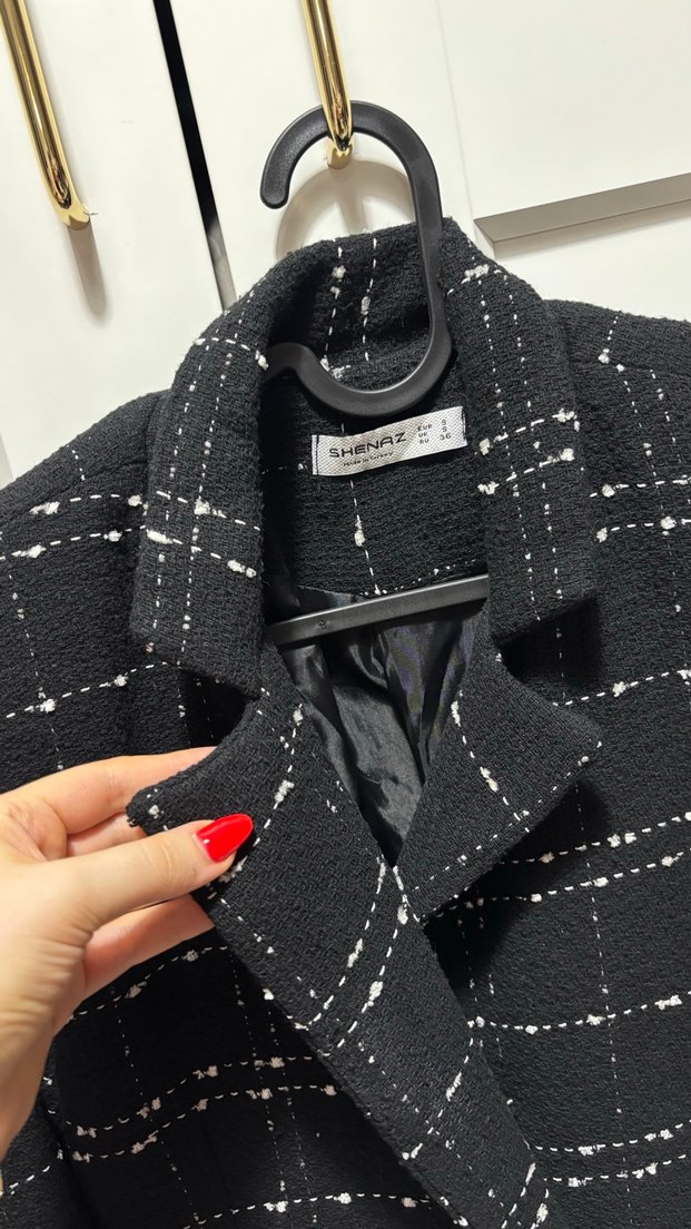 Düğmeli Siyah Ekose Midi Blazer - Görsel 4