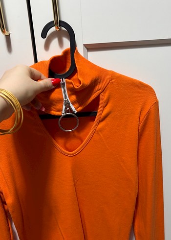 Turuncu Fermuarlı Yarım Boğazlı Kadın Kazak - Görsel 3