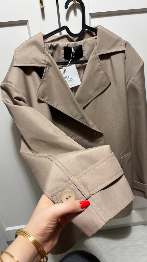 Bej Kadın Trençkot, Düğmeli, Midi Boy - Görsel 3