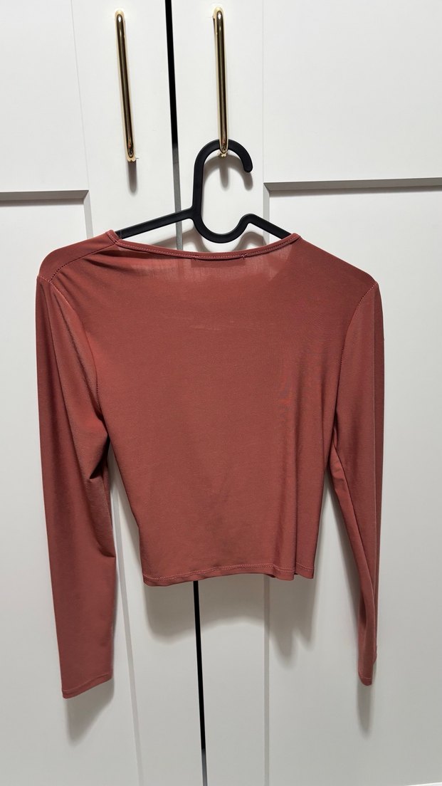 Tarçın Renkli Drapeli Uzun Kollu Kadın Bluz - Görsel 2