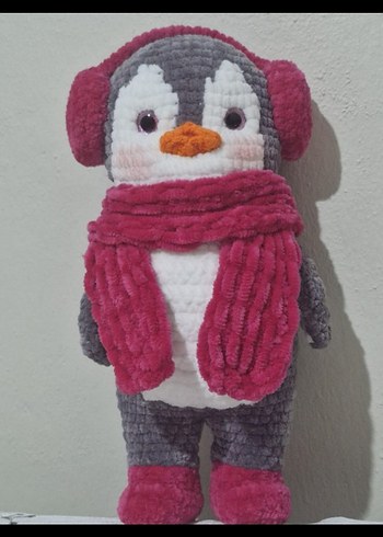 Mavi atkı ve kulaklıklı gri peluş penguen oyuncak - Görsel 2