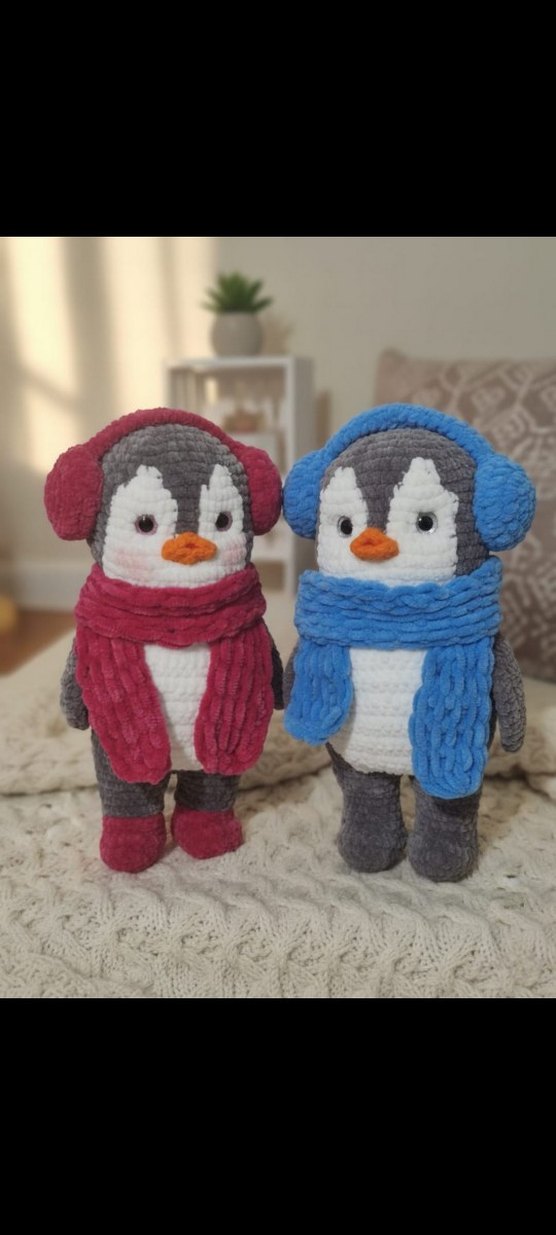 Mavi atkı ve kulaklıklı gri peluş penguen oyuncak - Görsel 3