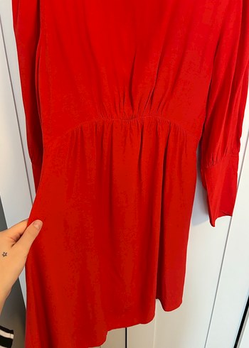 Kırmızı V Yaka Süet Midi Elbise - Görsel 3