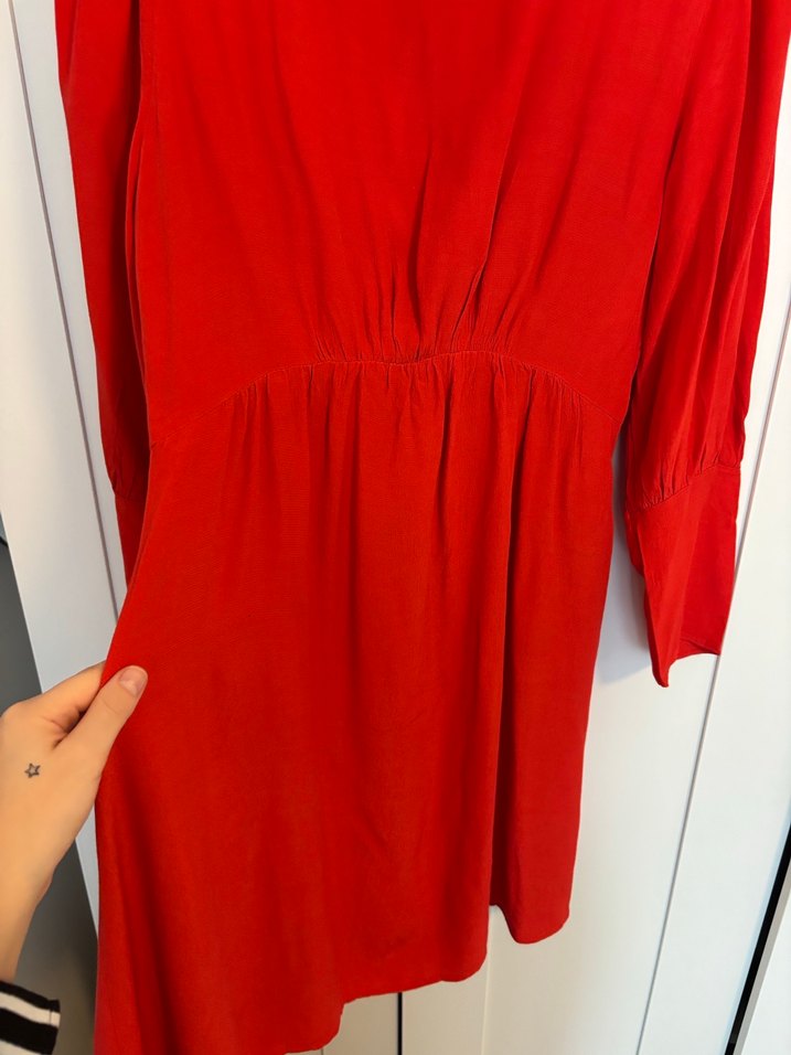 Kırmızı V Yaka Süet Midi Elbise - Görsel 3