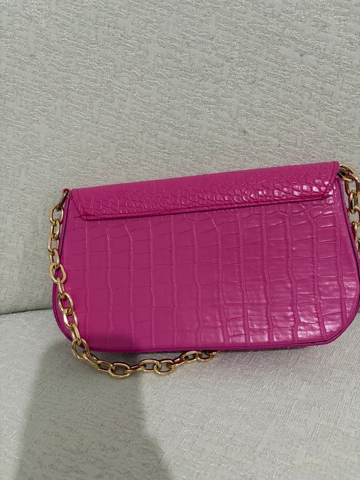 Pembe Zincir Detaylı Deri Yılan Desenli Çanta - Görsel 2