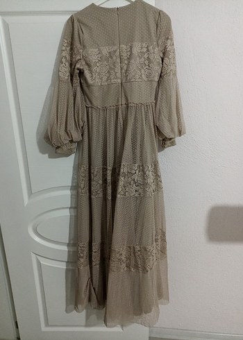 Bej Nakışlı Uzun Vintage Elbise - Görsel 2