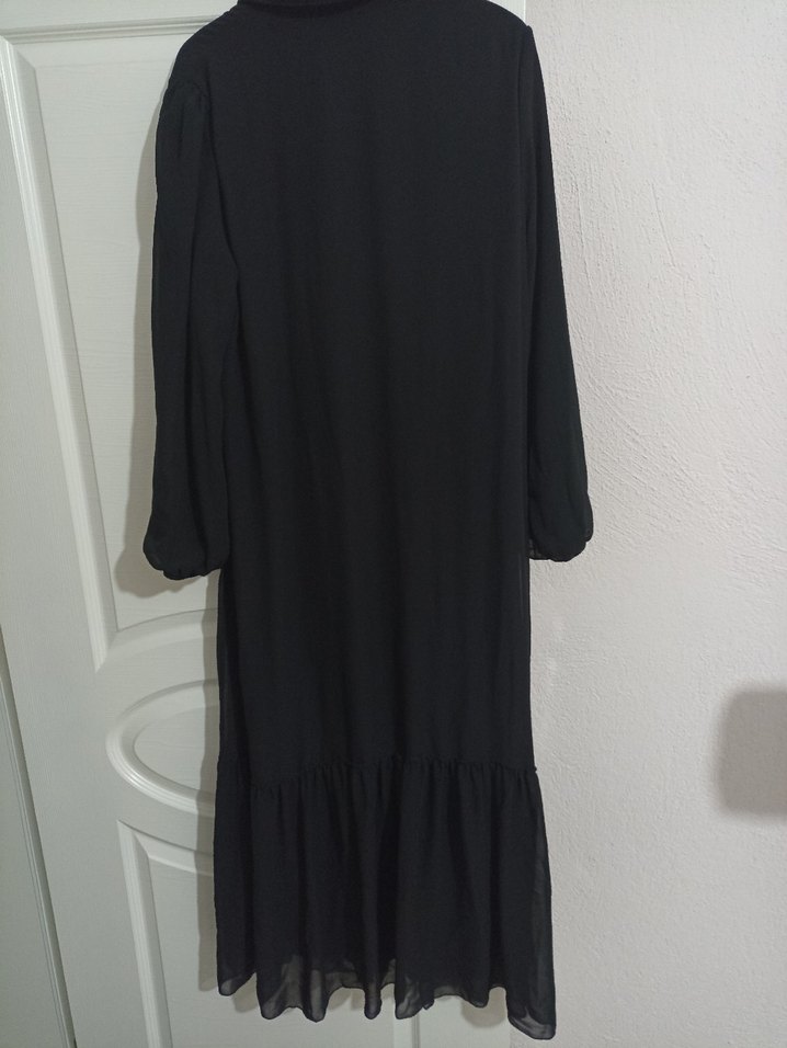 Siyah Uzun Kollu Düğmeli şifon Uzun Elbise - Görsel 2