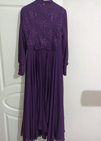 Mor Uzun Kollu Drapeli Kadın Abiye Elbise - Görsel 2