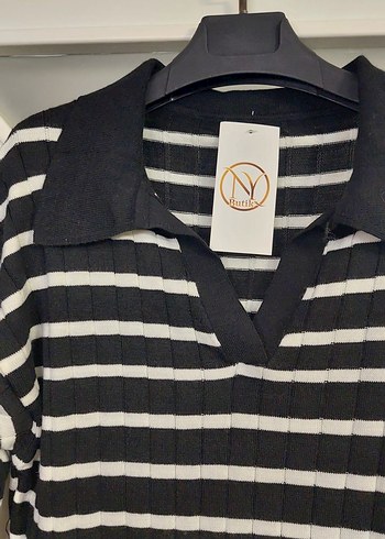 Uzun Kollu Siyah Beyaz Çizgili Triko Elbise - Görsel 2