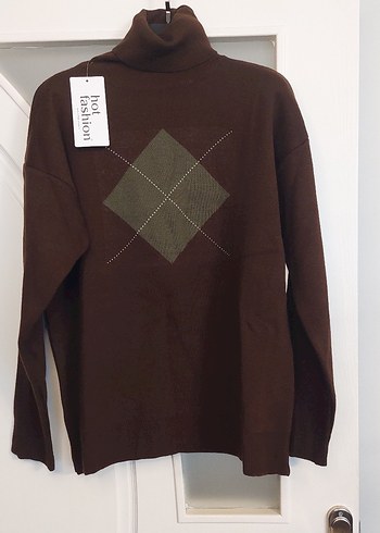 Kahverengi Boğazlı Baklava Desen Triko Kadın Kazak - Görsel 2