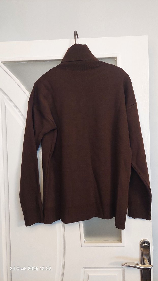 Kahverengi Boğazlı Baklava Desen Triko Kadın Kazak - Görsel 3