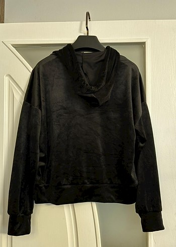 Siyah Kadın Kadife Kapüşonlu Likralı Sweatshirt - Görsel 2