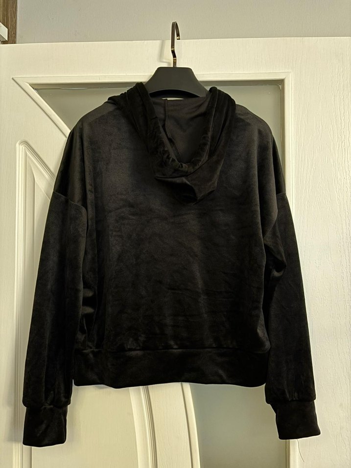Siyah Kadın Kadife Kapüşonlu Likralı Sweatshirt - Görsel 2