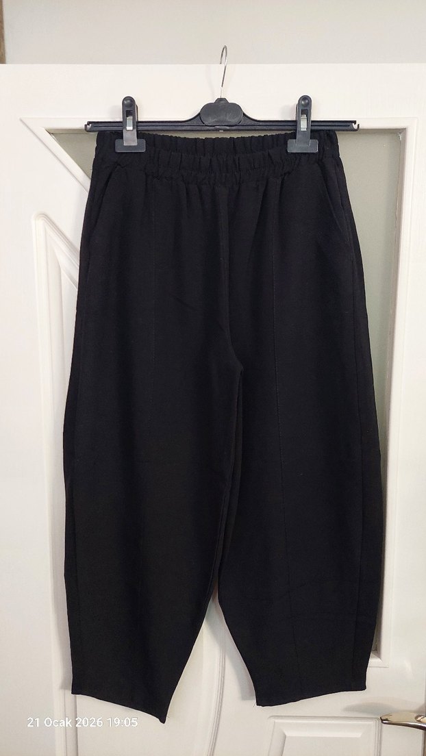 Siyah Kadın Keten Salaş Balon Pantolon - Görsel 3