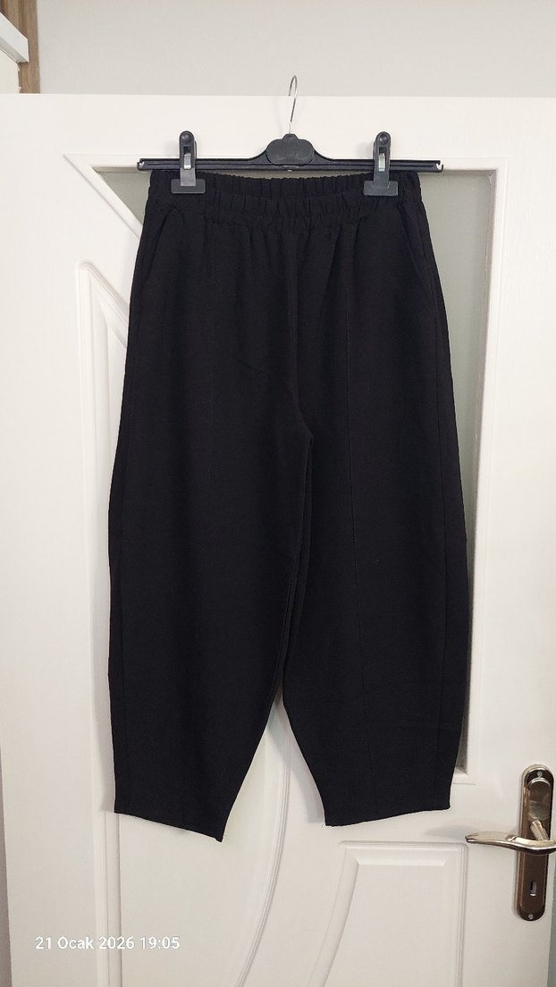 Siyah Kadın Keten Salaş Balon Pantolon - Görsel 2