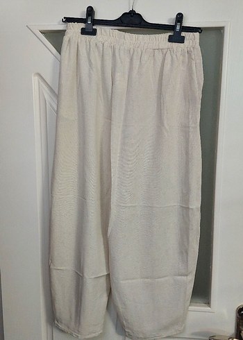 Bej Kadın Keten Midi Rahat balon Pantolon - Görsel 3