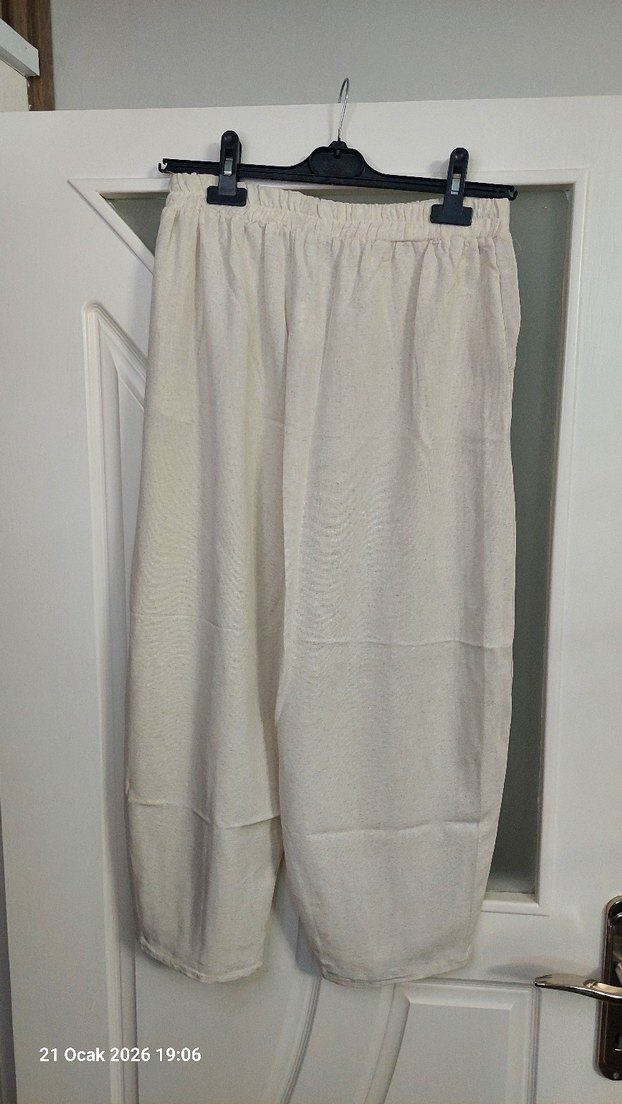 Bej Kadın Keten Midi Rahat balon Pantolon - Görsel 3