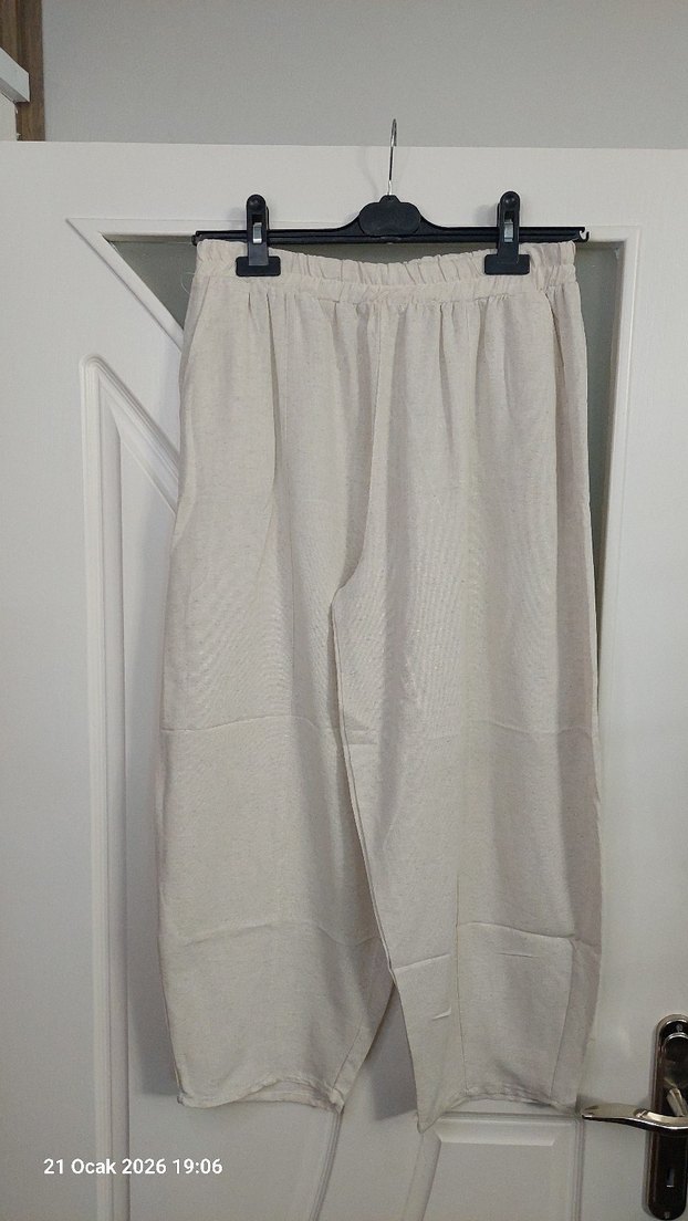 Bej Kadın Keten Midi Rahat balon Pantolon - Görsel 2