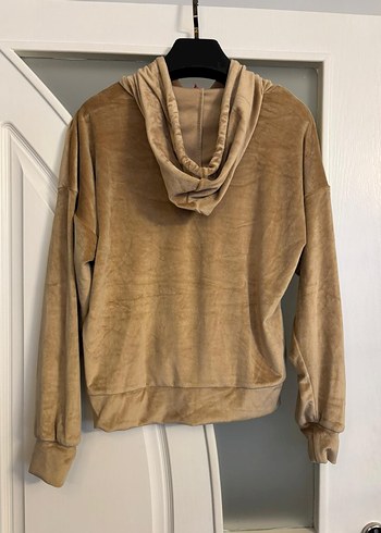 Bej Kadife Kadın Kapüşonlu Likralı Sweatshirt - Görsel 2