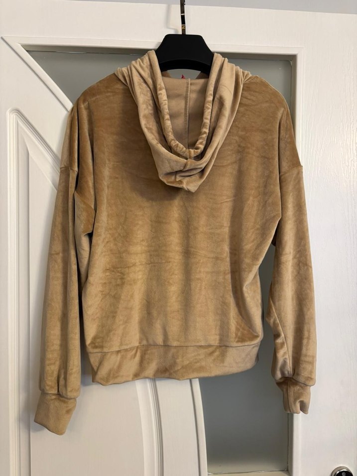 Bej Kadife Kadın Kapüşonlu Likralı Sweatshirt - Görsel 2