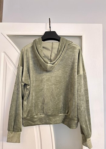 Yeşil Kadın Kadife Kapüşonlu likralı Sweatshirt - Görsel 2