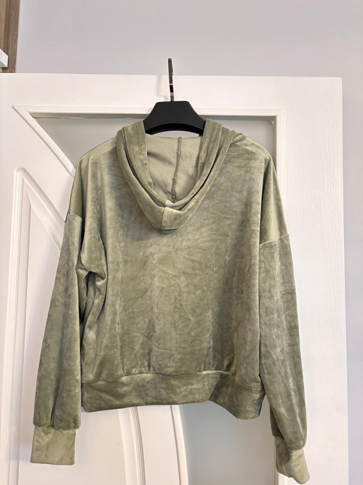 Yeşil Kadın Kadife Kapüşonlu likralı Sweatshirt - Görsel 2