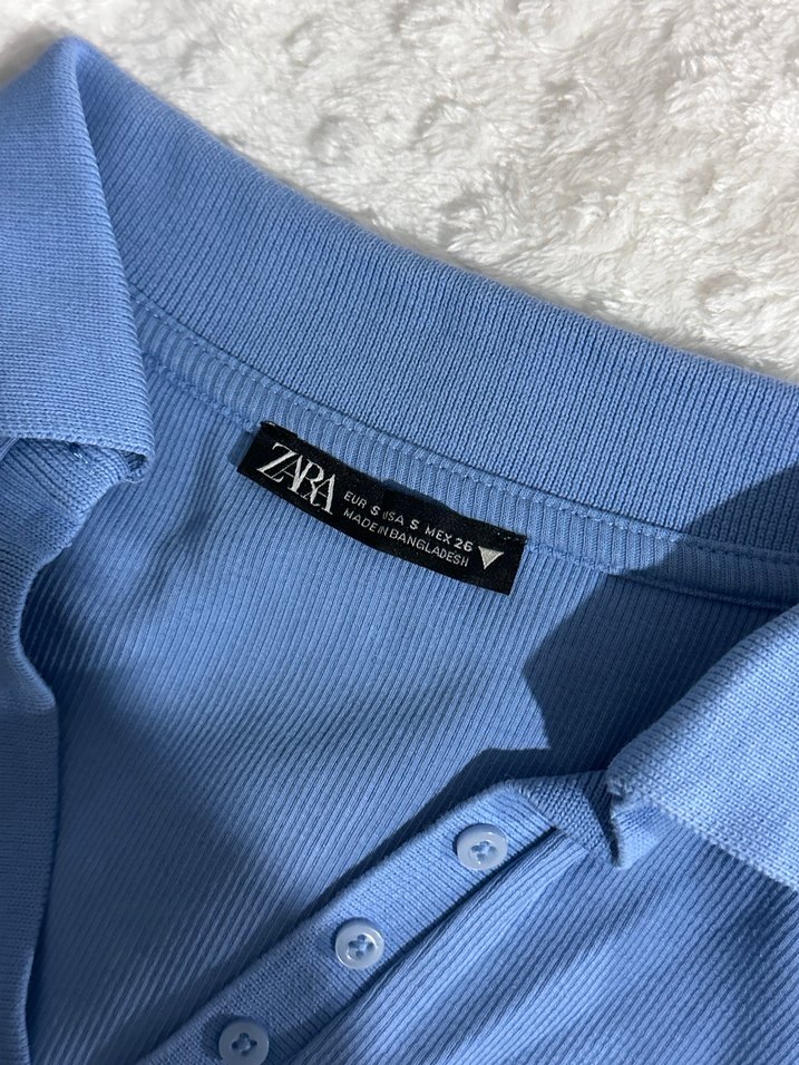 ZARA Mavi Crop Top Kadın Uzun Kollu Polo Yaka - Görsel 2
